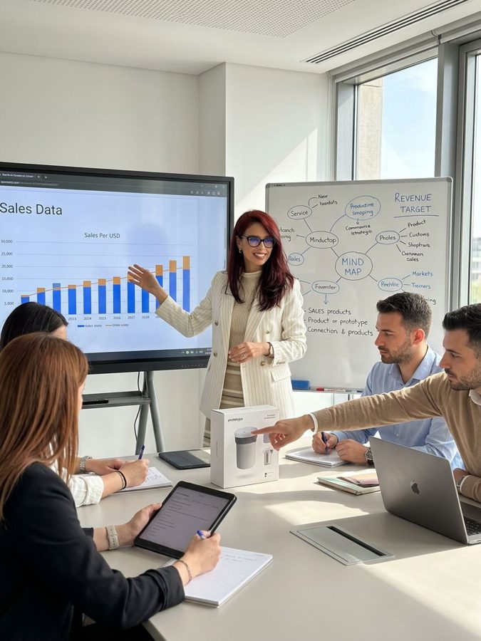 Silvija Gelevski presenting sales data to a company team.