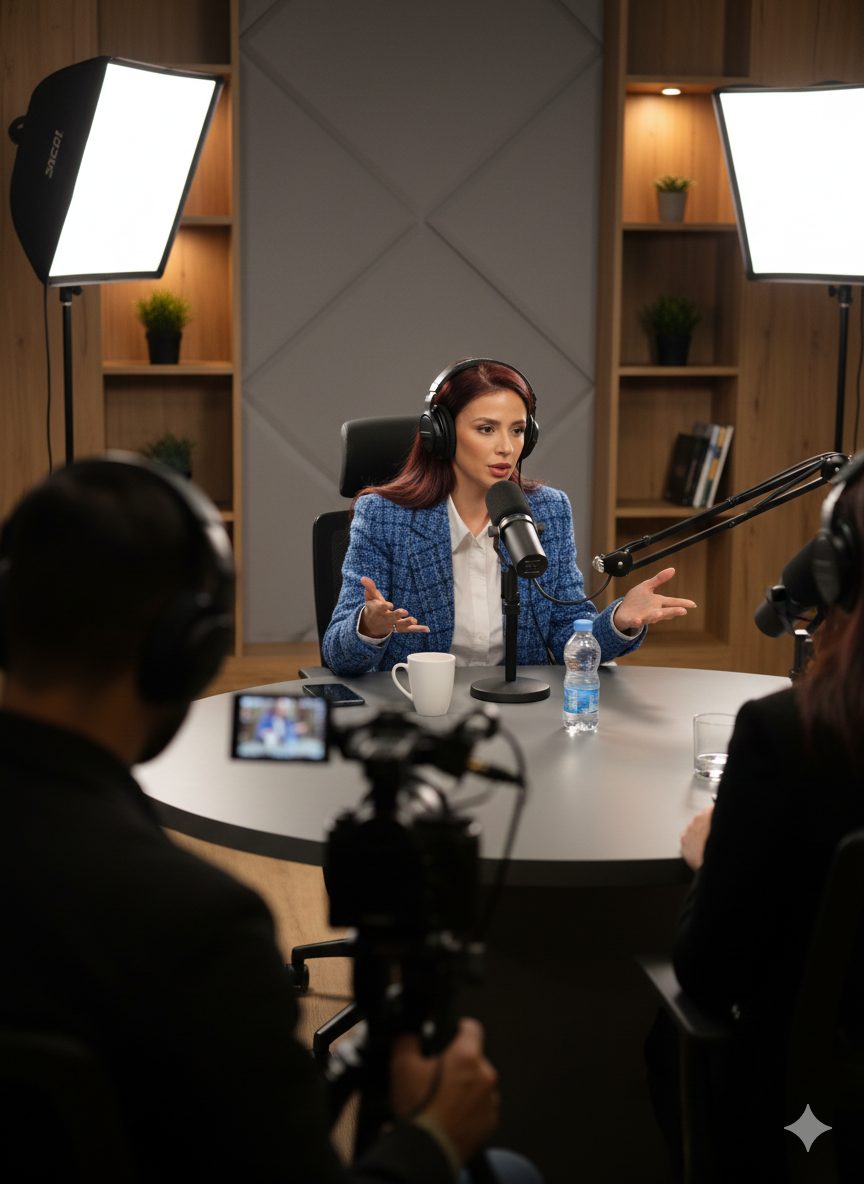 Silvija Gelevski recording a podcast episode in a studio.