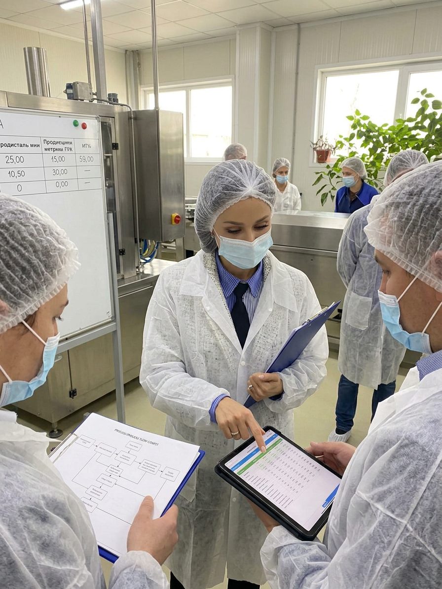 Silvija Gelevski reviewing production data on a factory floor.