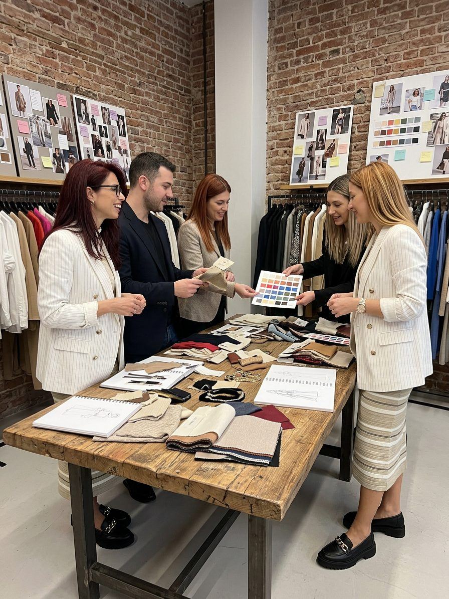 Silvija Gelevski reviewing product samples with a design team.